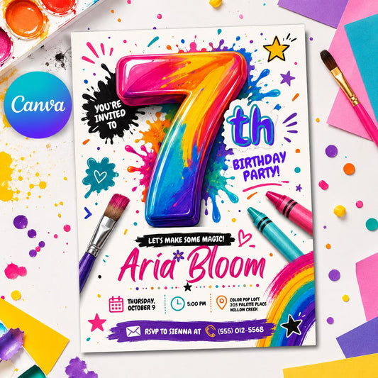 Art Birthday Invitation, Paint Party 7th Birthday Girl Colorful Editable Printable Canva Template