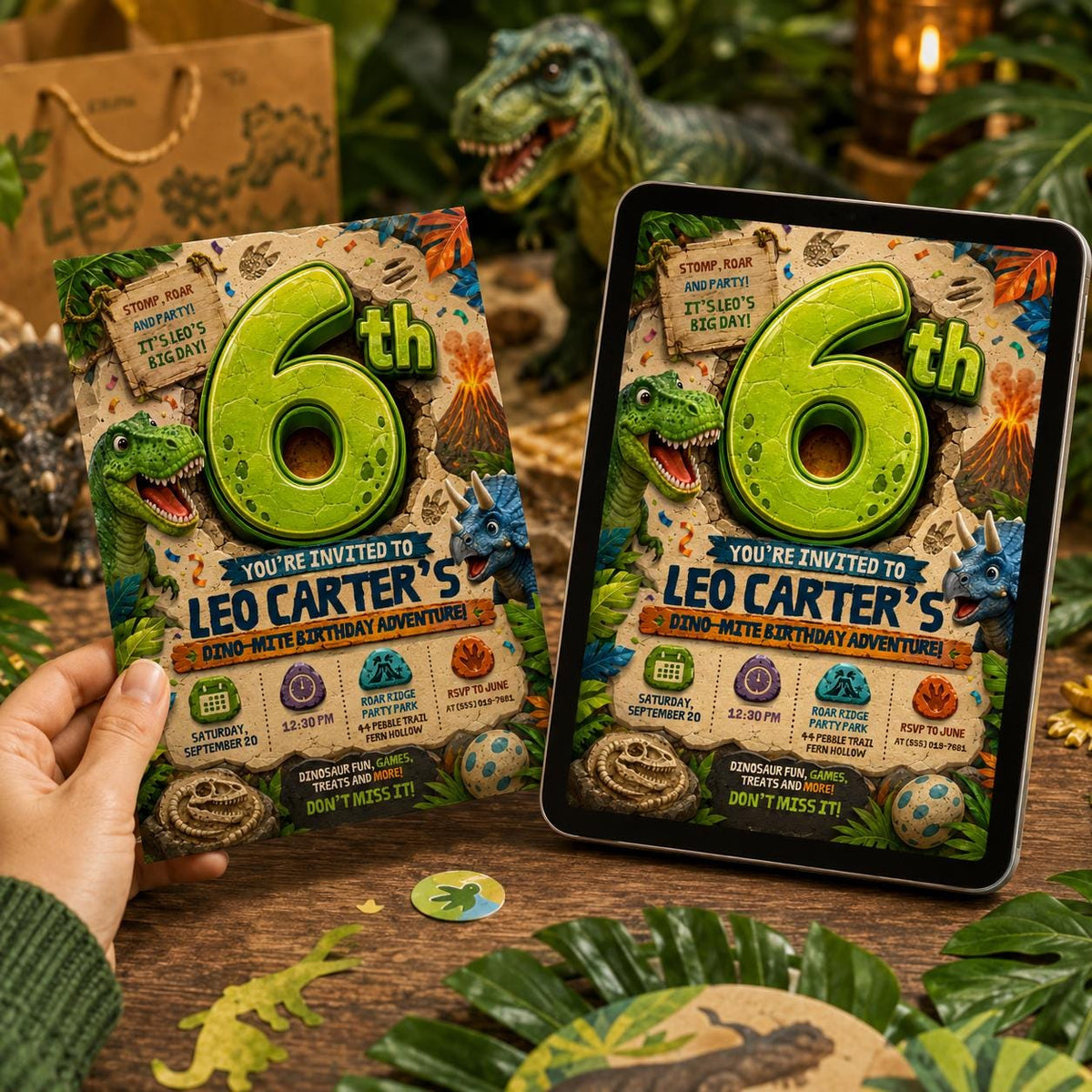 Dinosaur Birthday Invitation, 6th Birthday Boy Dino Party Editable Printable Canva Template