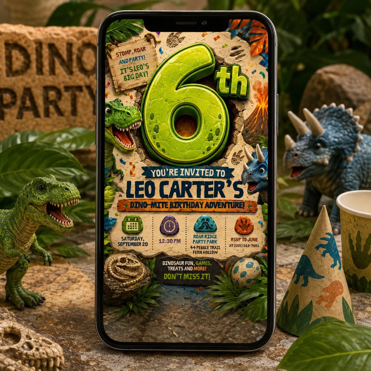 Dinosaur Birthday Invitation, 6th Birthday Boy Dino Party Editable Printable Canva Template