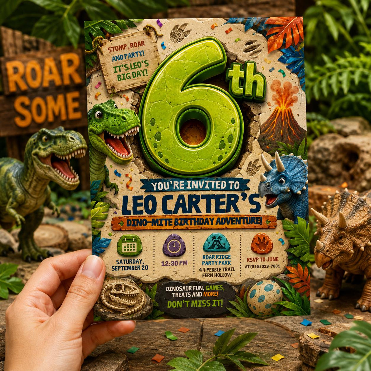 Dinosaur Birthday Invitation, 6th Birthday Boy Dino Party Editable Printable Canva Template
