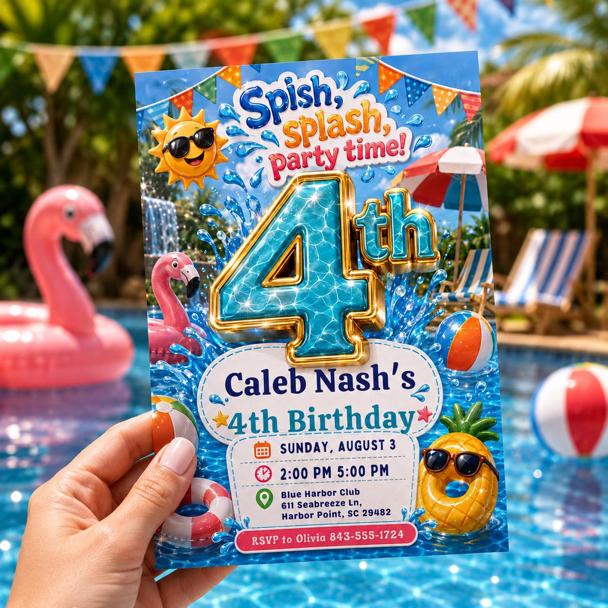 Pool Party Birthday Invitation, 4th Birthday Splash Invite, Summer Swim Editable Printable Canva Template