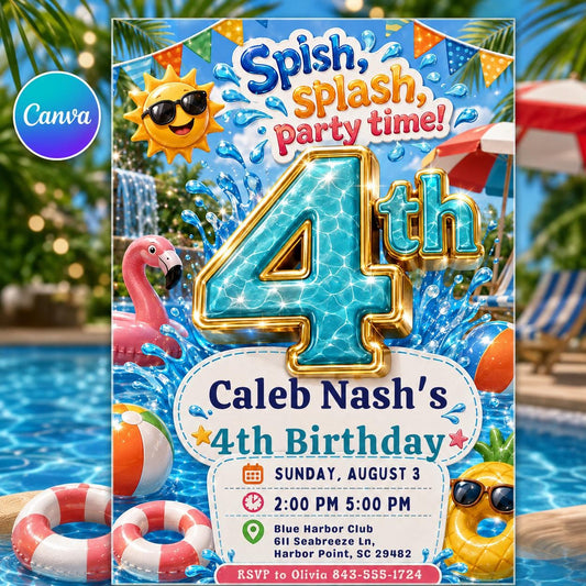 Pool Party Birthday Invitation, 4th Birthday Splash Invite, Summer Swim Editable Printable Canva Template