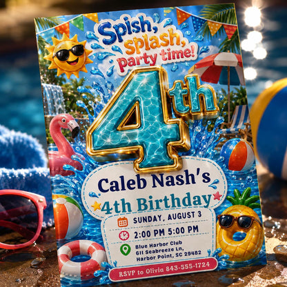 Pool Party Birthday Invitation, 4th Birthday Splash Invite, Summer Swim Editable Printable Canva Template
