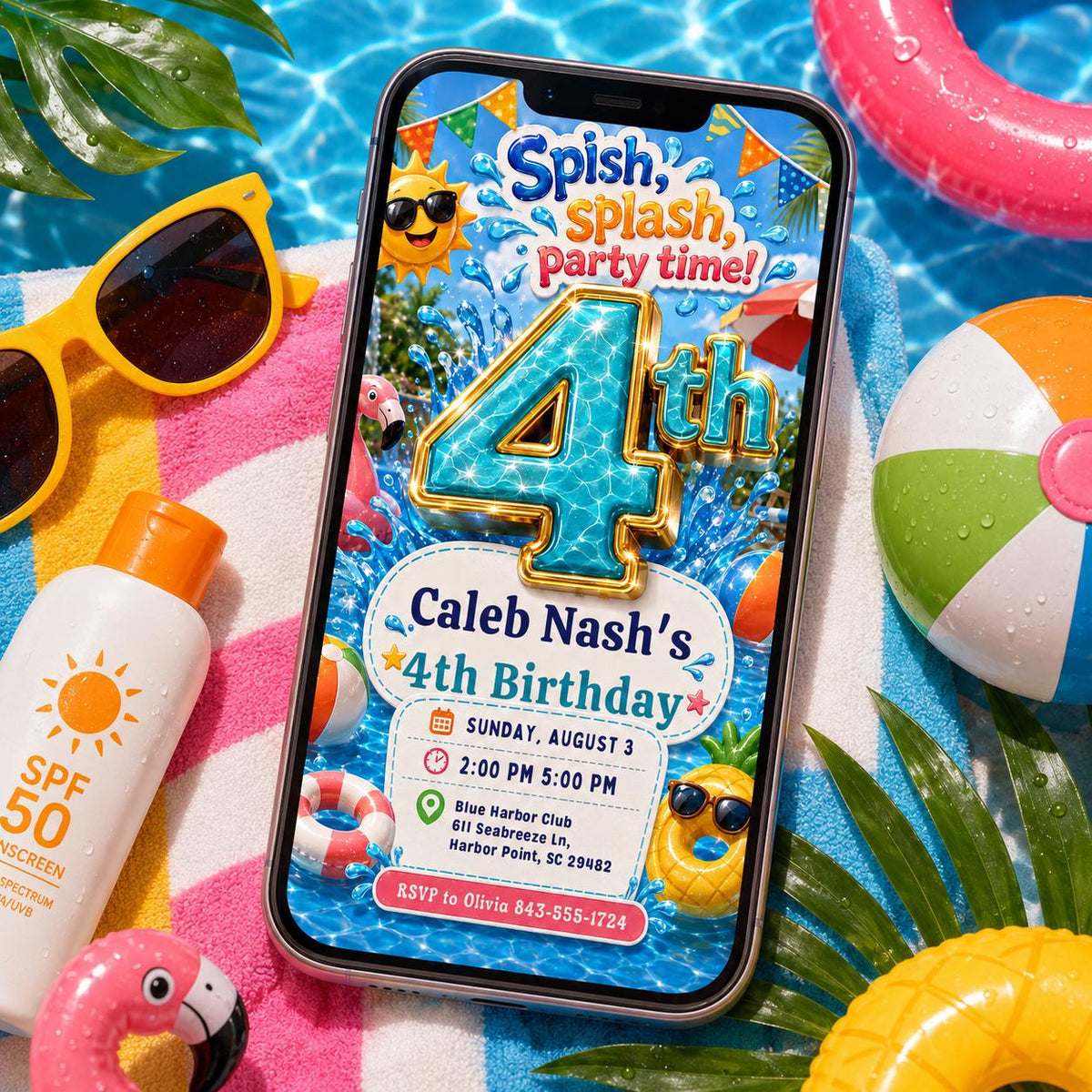 Pool Party Birthday Invitation, 4th Birthday Splash Invite, Summer Swim Editable Printable Canva Template