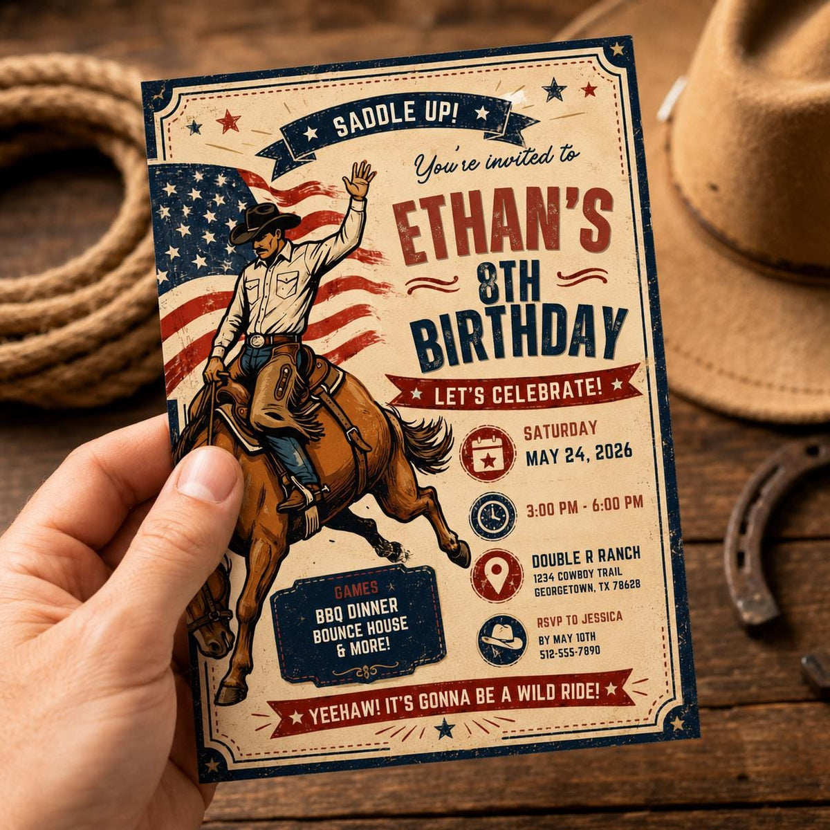 Cowboy Birthday Invitation, Western Rodeo Party Editable Printable Canva Template