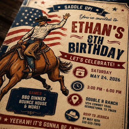 Cowboy Birthday Invitation, Western Rodeo Party Editable Printable Canva Template