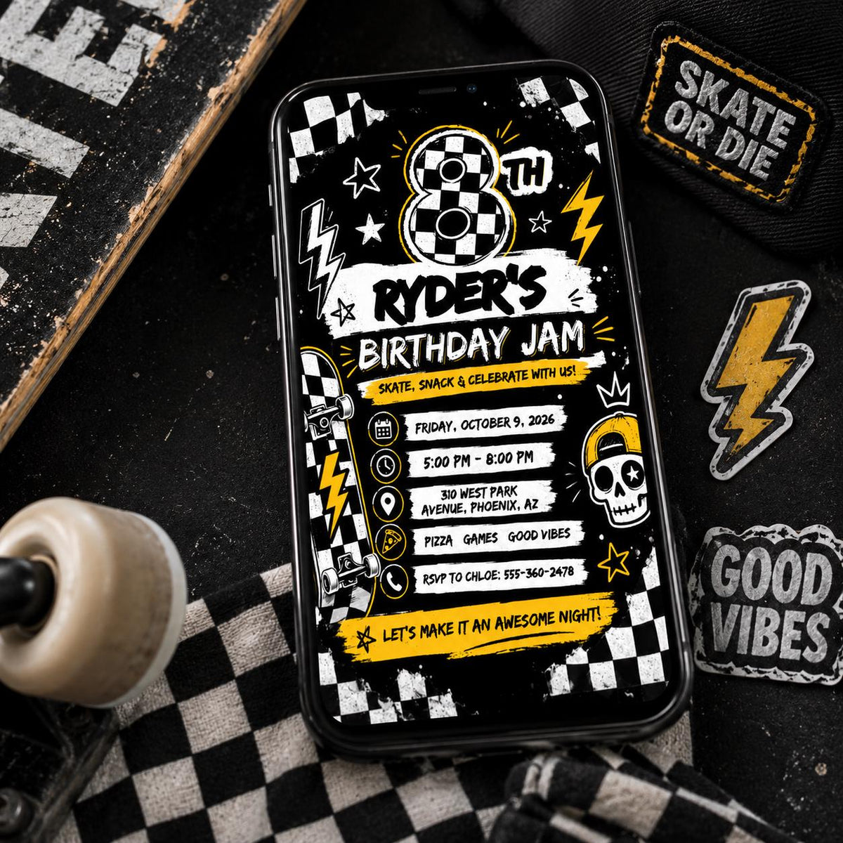 Skateboard Birthday Invitation, Checkered Skater Boy Invite Editable Canva Template