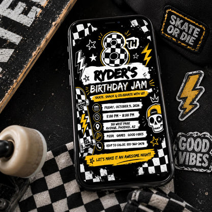 Skateboard Birthday Invitation, Checkered Skater Boy Invite Editable Canva Template