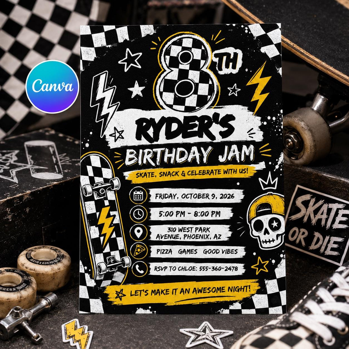 Skateboard Birthday Invitation, Checkered Skater Boy Invite Editable Canva Template