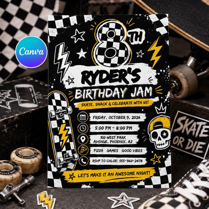 Skateboard Birthday Invitation, Checkered Skater Boy Invite Editable Canva Template