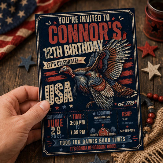Patriotic Birthday Invitation, USA Turkey 7th Boy Party Editable Printable Invite Canva Template
