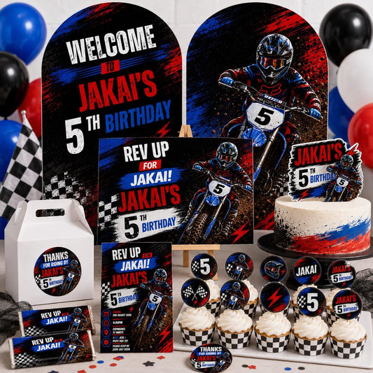 Dirt Bike Birthday Bundle, Editable Motocross Party Invitation, Welcome Sign, Backdrop, Cake & Cupcake Toppers, Canva Template