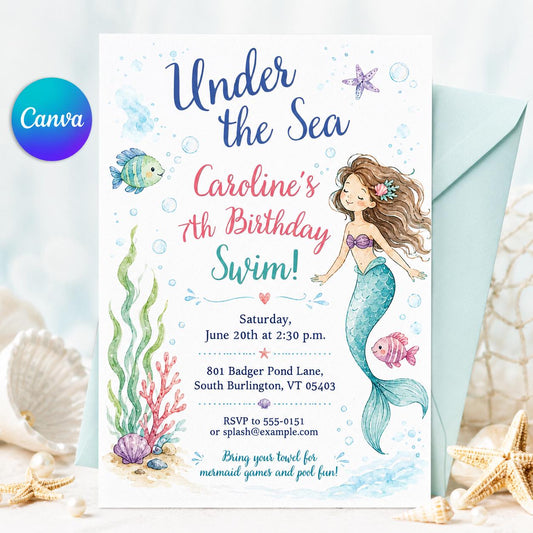 Mermaid Birthday Invitation, Under the Sea Girl 7th Birthday Swim Party Canva Template