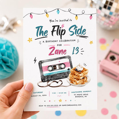 80s Birthday Invitation, Retro Flip Side Teen Party Invite, Cassette Tape Printable Canva Template