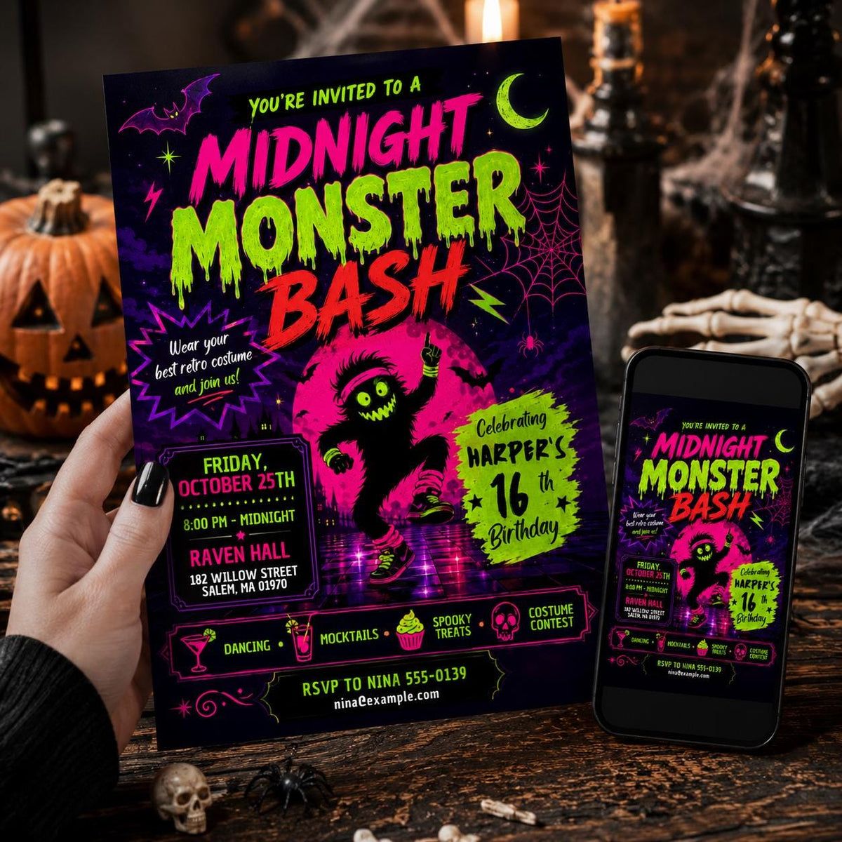 Neon Halloween Birthday Invitation, Monster Bash 16th Teen Costume Party Editable Canva Template