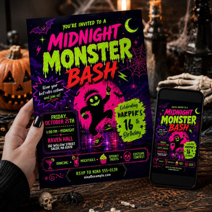 Neon Halloween Birthday Invitation, Monster Bash 16th Teen Costume Party Editable Canva Template