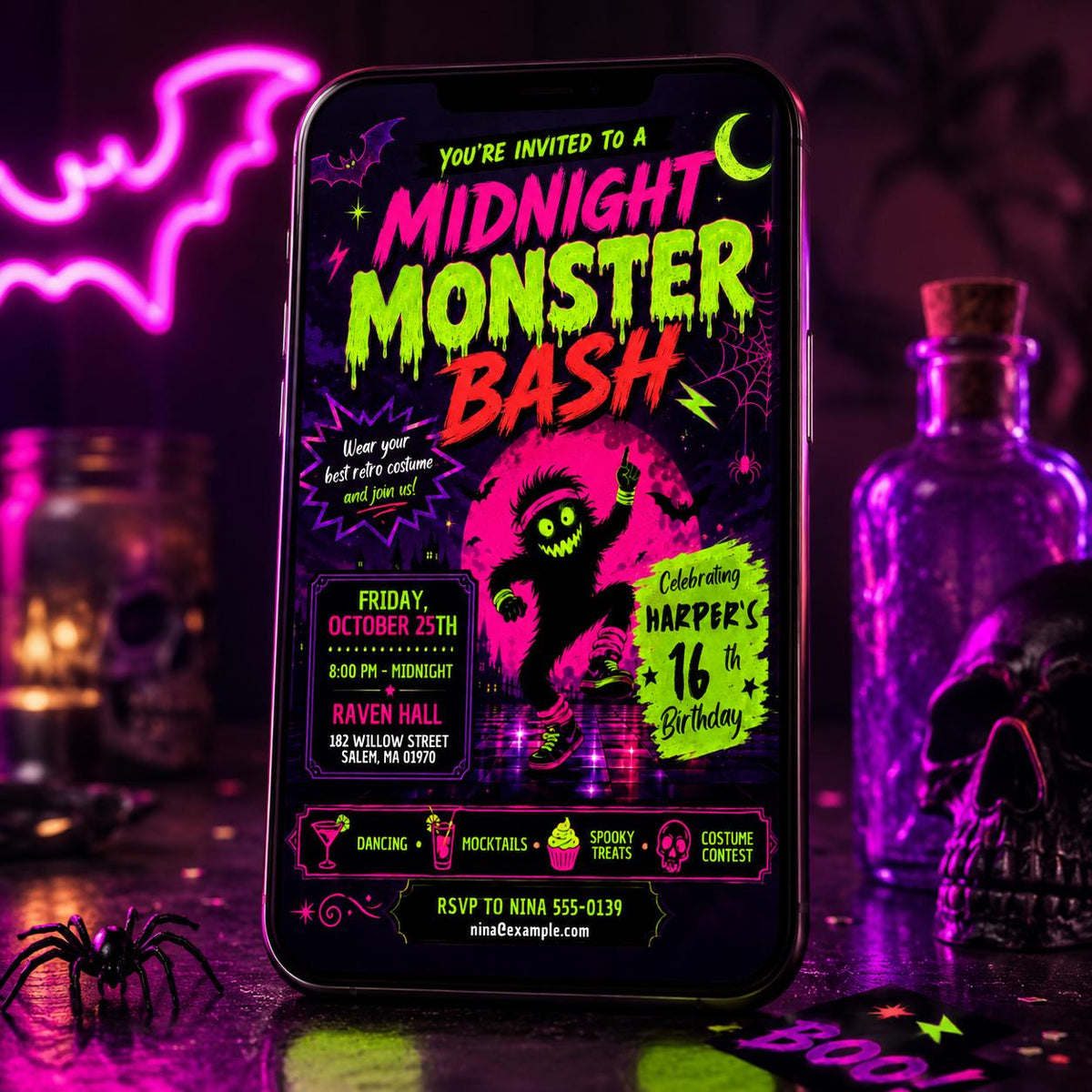 Neon Halloween Birthday Invitation, Monster Bash 16th Teen Costume Party Editable Canva Template