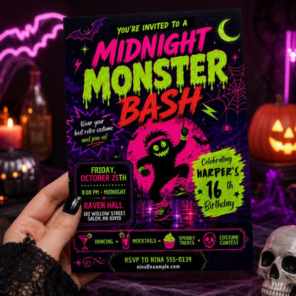 Neon Halloween Birthday Invitation, Monster Bash 16th Teen Costume Party Editable Canva Template