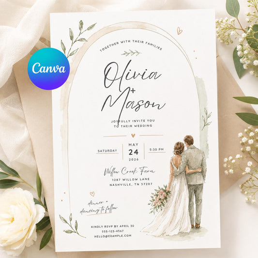 Watercolor Wedding Invitation, Minimalist Botanical Arch Invite, Romantic Bride and Groom Illustration, Editable Printable Canva Template
