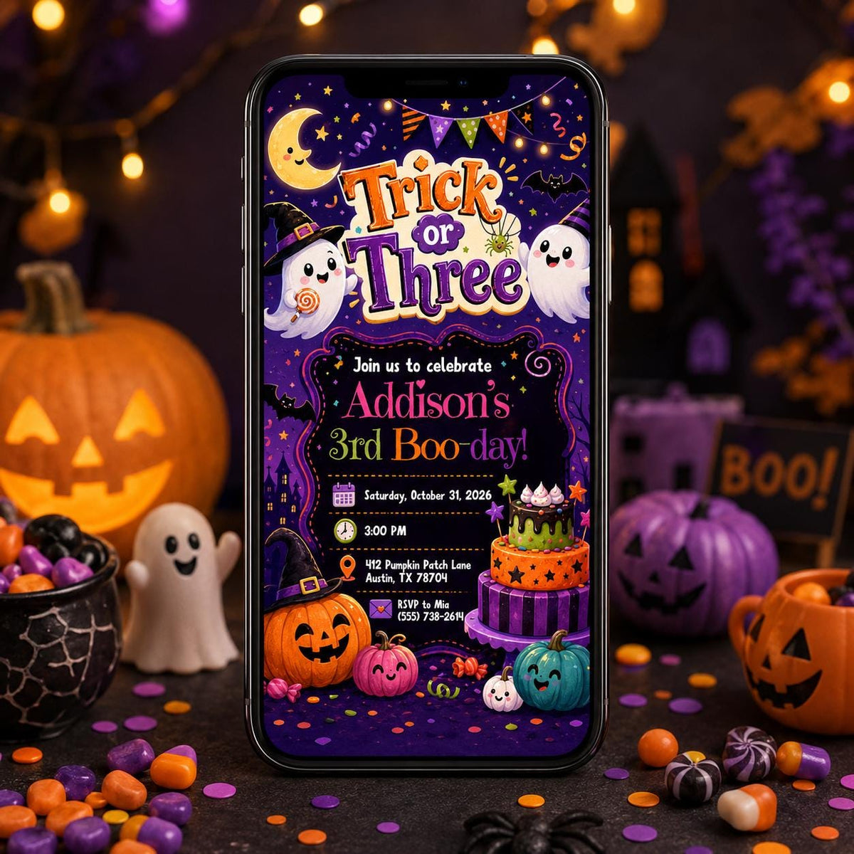 Trick or Three Birthday Invitation, Cute Halloween 3rd Birthday Ghost Pumpkin Party, Editable Printable Canva Template