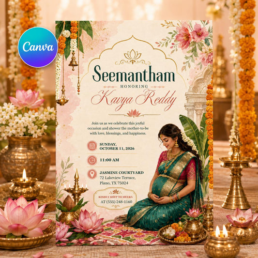 Indian Baby Shower Invitation — editable Canva template