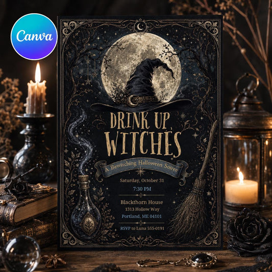 Gothic Drink Up Witches Halloween Invitation — editable Canva template
