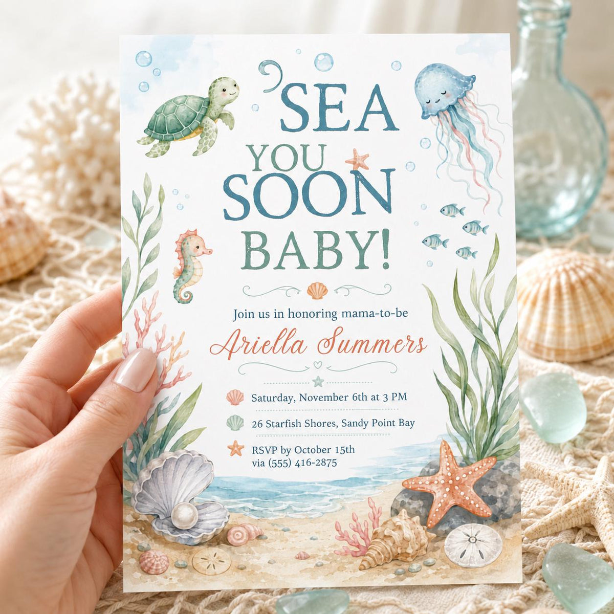 Sea You Soon Baby Shower Invitation, Under the Sea Ocean Animals Invite, Coastal Beach Printable,