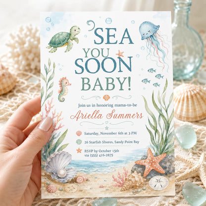 Sea You Soon Baby Shower Invitation, Under the Sea Ocean Animals Invite, Coastal Beach Printable,