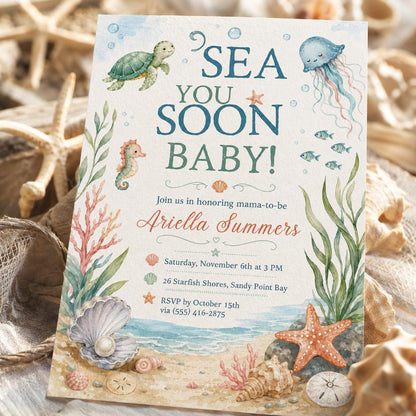 Sea You Soon Baby Shower Invitation, Under the Sea Ocean Animals Invite, Coastal Beach Printable,