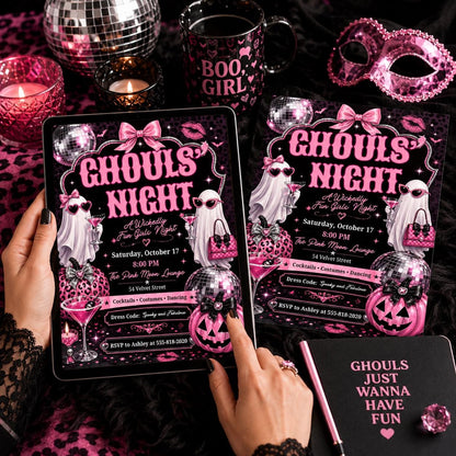 Pink Disco Girls Halloween Party Invitation — ghost design