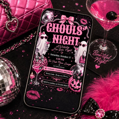 Pink Disco Girls Halloween Party Invitation — digital invitation, instant download