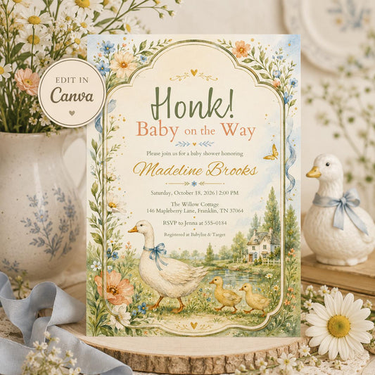 Vintage Floral Goose Baby Shower Invitation — editable Canva template
