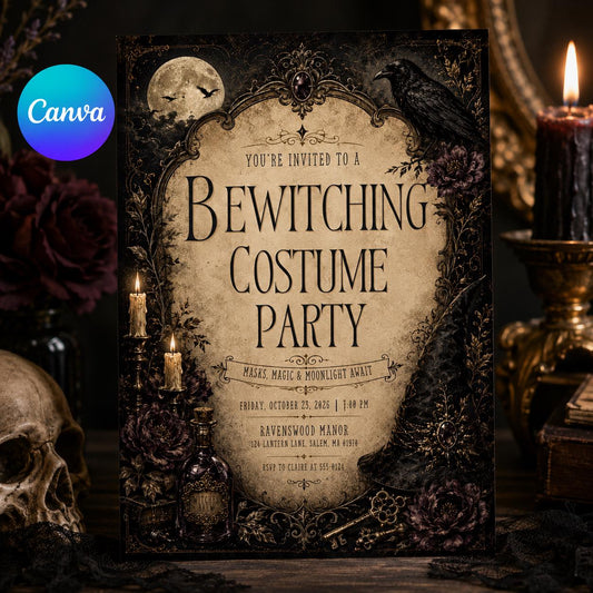 Gothic Vintage Halloween Costume Party Invitation — editable Canva template