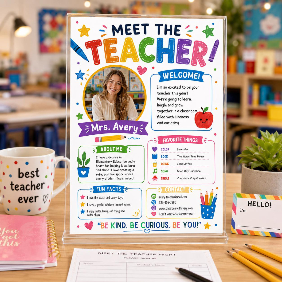 Colorful Photo Meet the Teacher Introduction Template — teacher printable you personalize in Canva