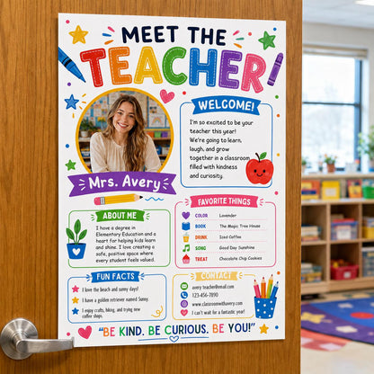 Colorful Photo Meet the Teacher Introduction Template in blue and red