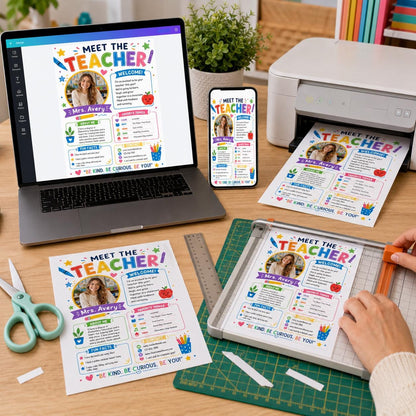 Colorful Photo Meet the Teacher Introduction Template — print-ready teacher introduction design from VoltBy