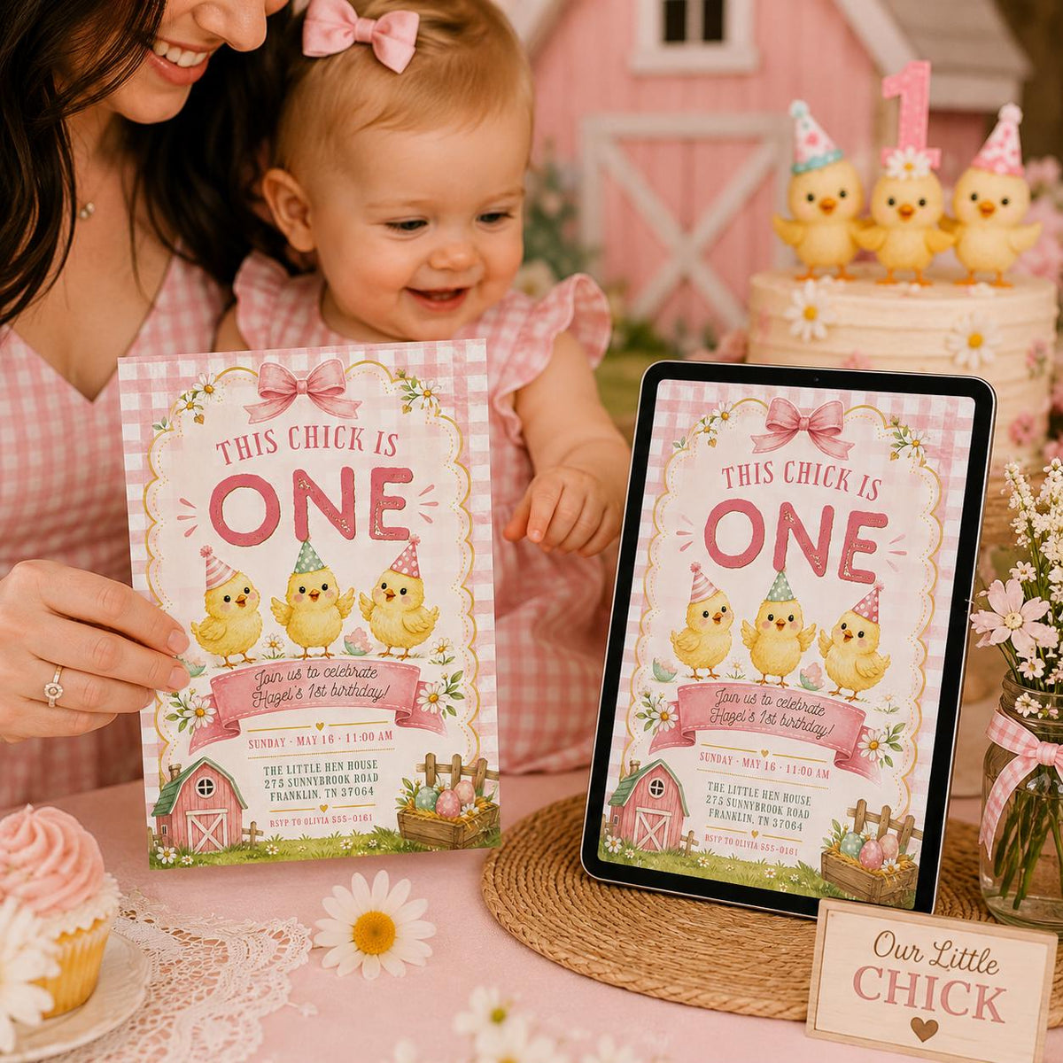 Pink Gingham This Chick Is One Birthday Invitation for Girls — invitation you personalize in Canva