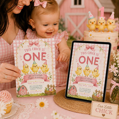 Pink Gingham This Chick Is One Birthday Invitation for Girls — invitation you personalize in Canva