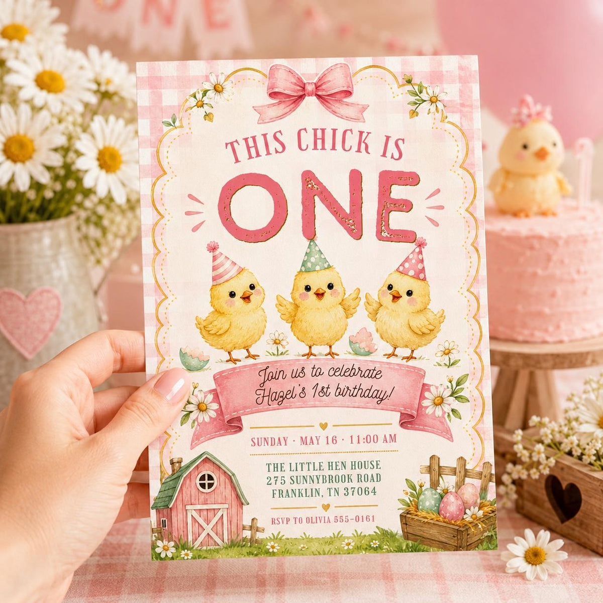 Pink Gingham This Chick Is One Birthday Invitation for Girls — print-ready first birthday design from VoltBy