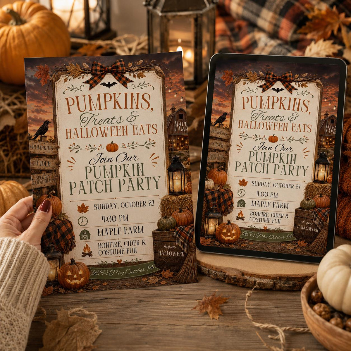 Rustic Pumpkin Patch Party Invitation — editable Canva template