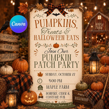 Rustic Pumpkin Patch Party Invitation — print-ready Halloween party design from VoltBy
