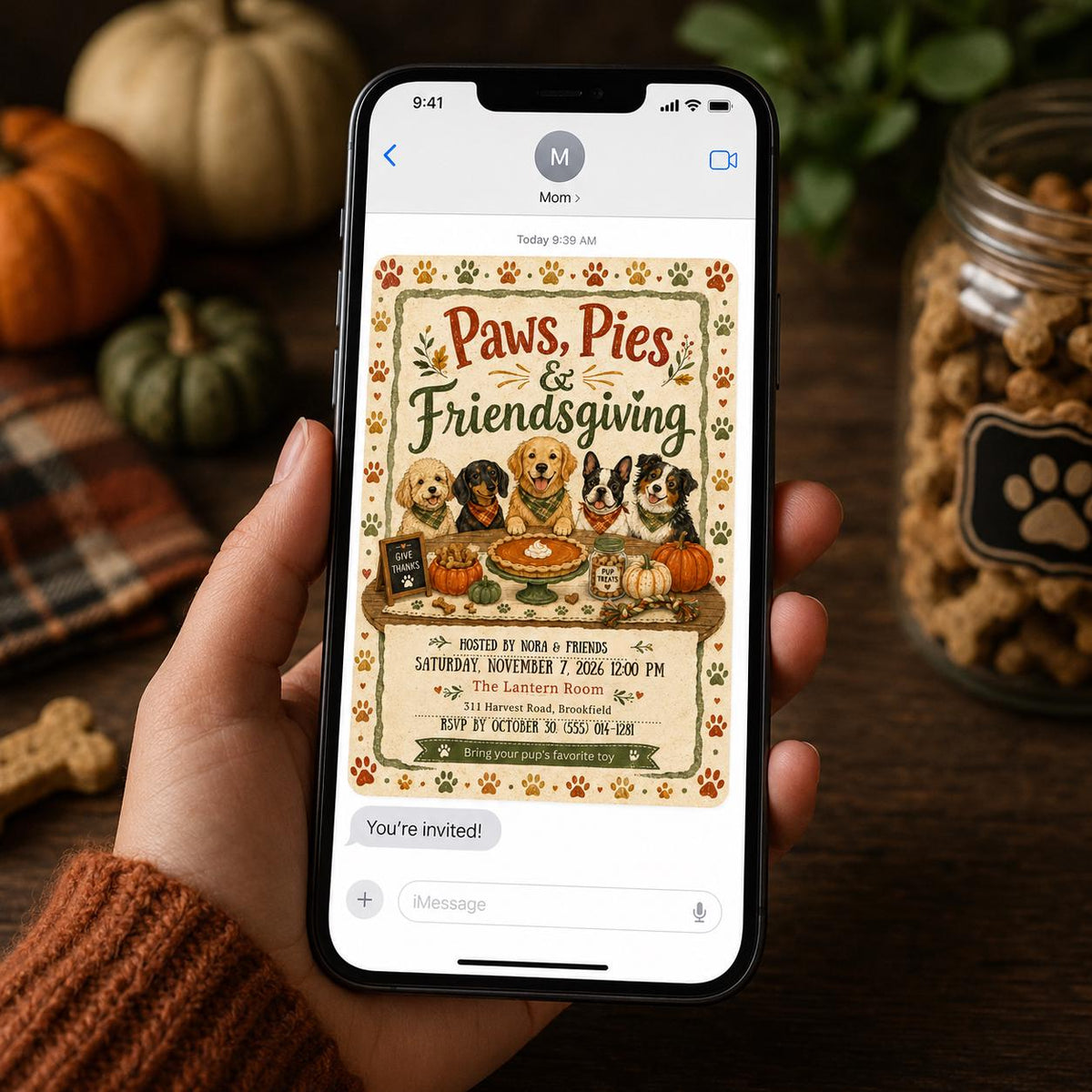 Paws Pies and Friendsgiving Dog Party Invitation — invitation you personalize in Canva