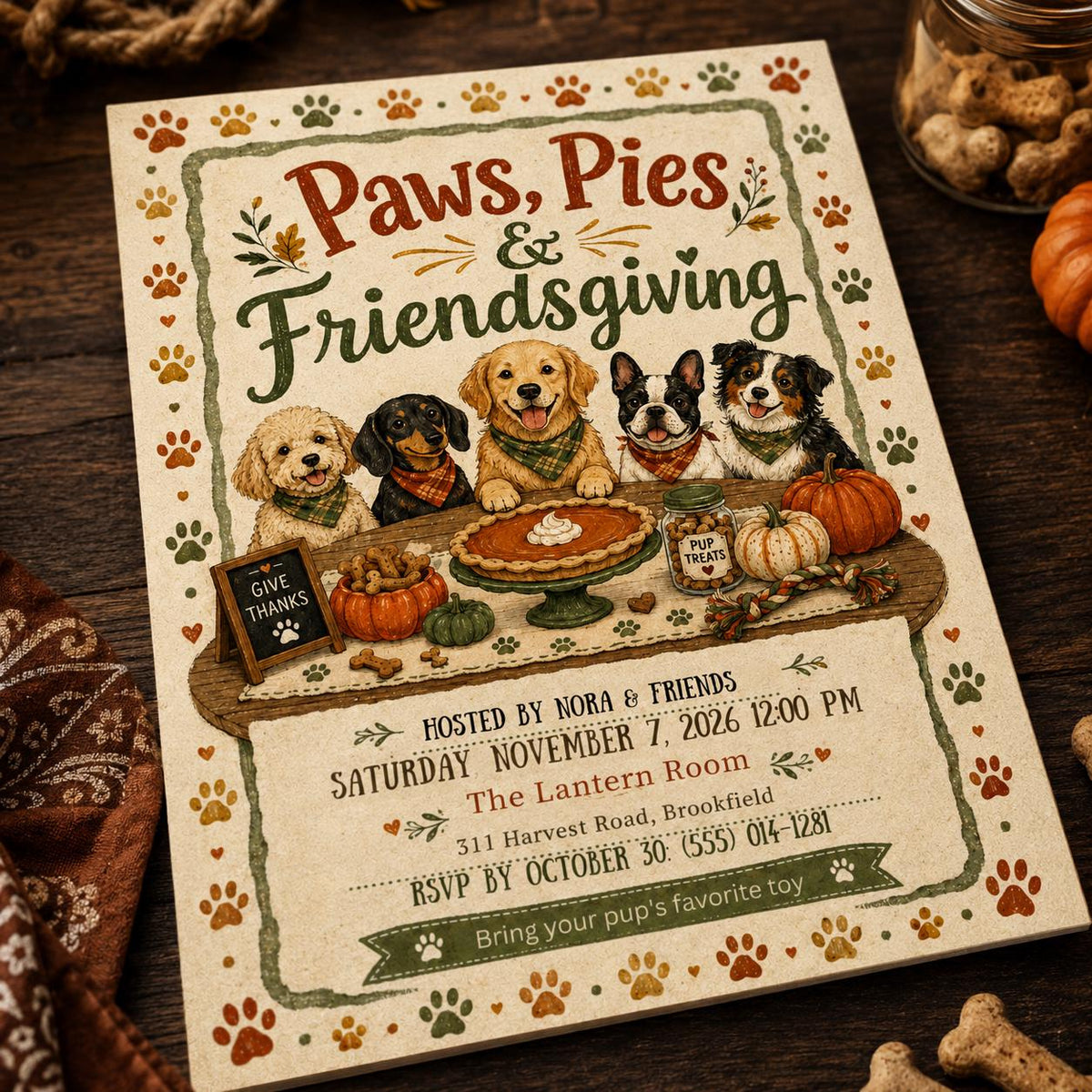 Paws Pies and Friendsgiving Dog Party Invitation in brown cream