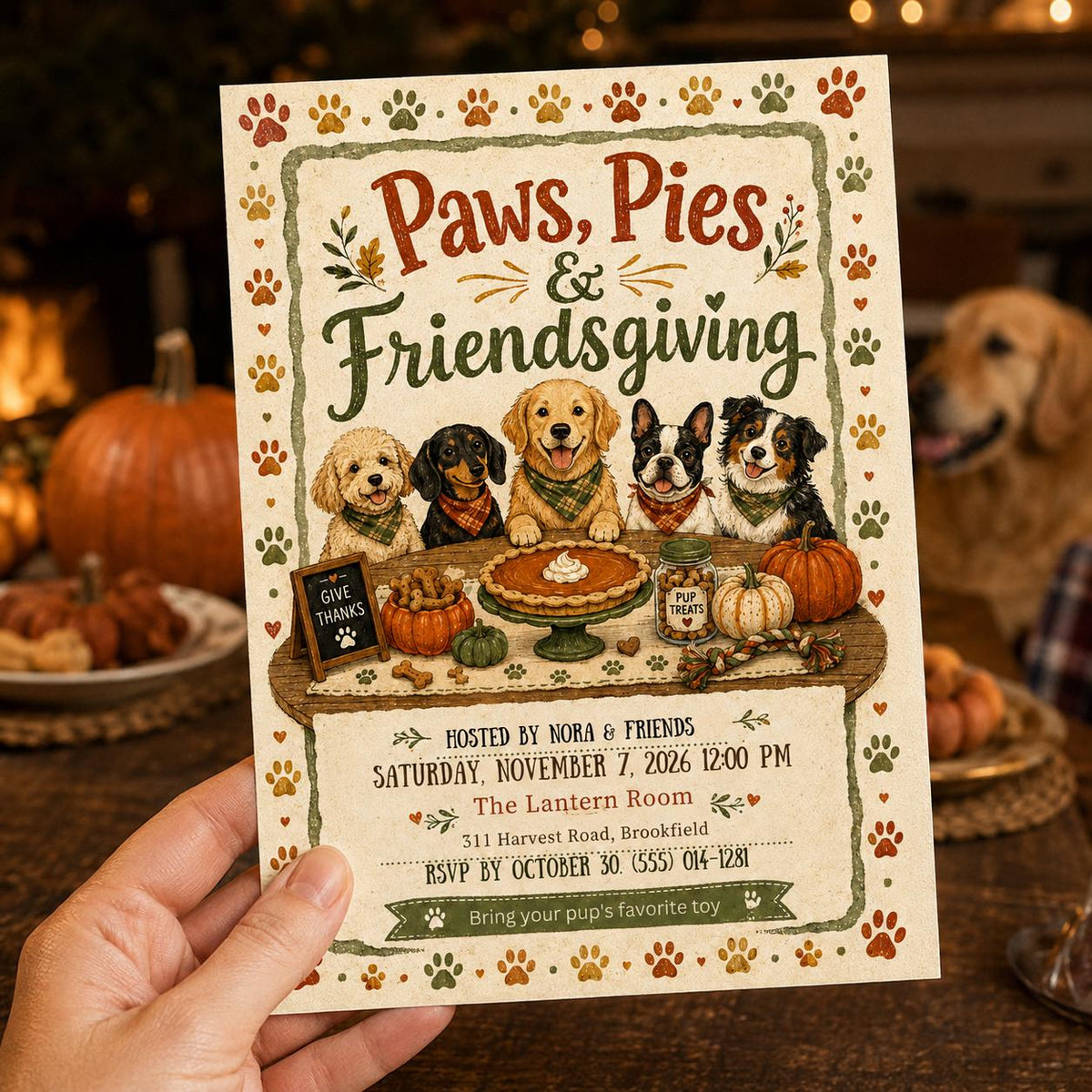 Paws Pies and Friendsgiving Dog Party Invitation — puppy artwork in brown cream