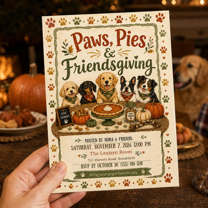 Paws Pies and Friendsgiving Dog Party Invitation — puppy artwork in brown cream