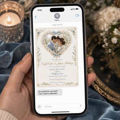 Coquette Wedding Invitation, Blue Bow Lace Heart Photo Invite, Romantic Floral Editable Canva Template
