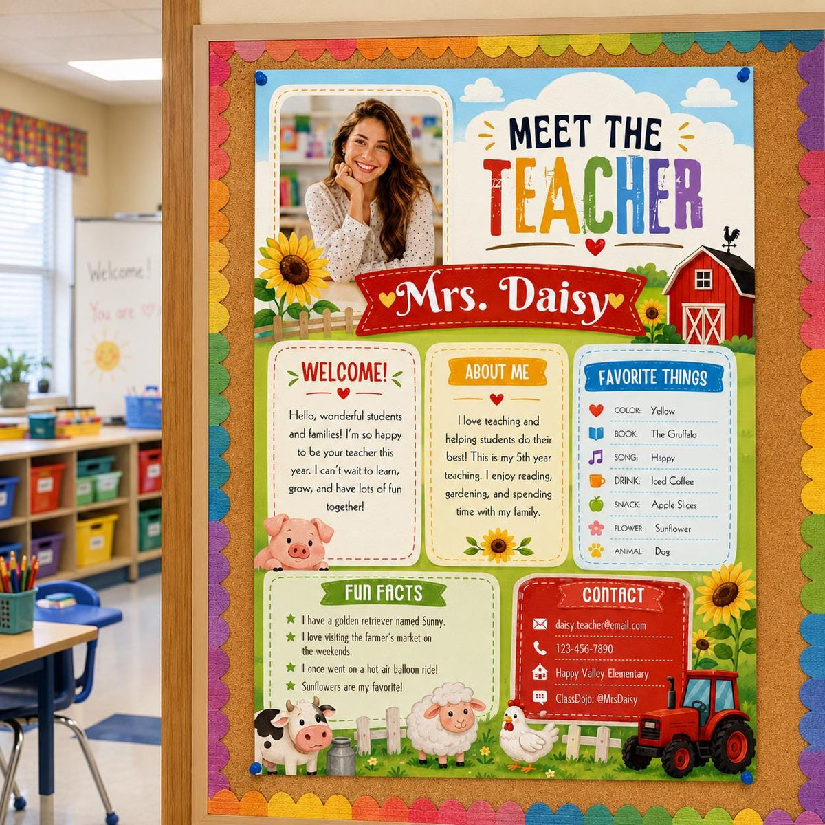 Farm Classroom Meet the Teacher Photo Template in green and red