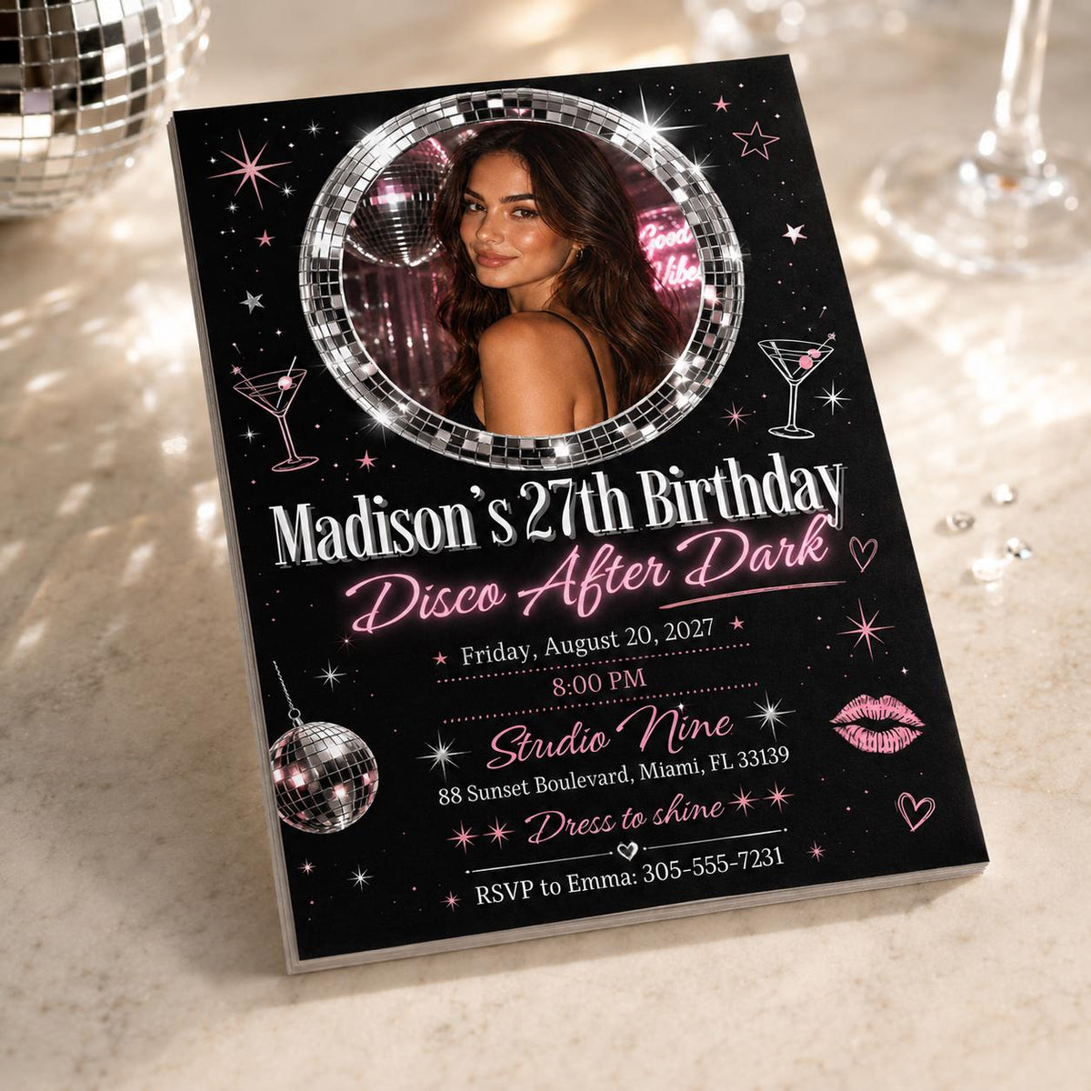 27th Birthday Invitation, Disco Birthday Photo Invite, Pink Black Neon Party Editable Printable Canva Template