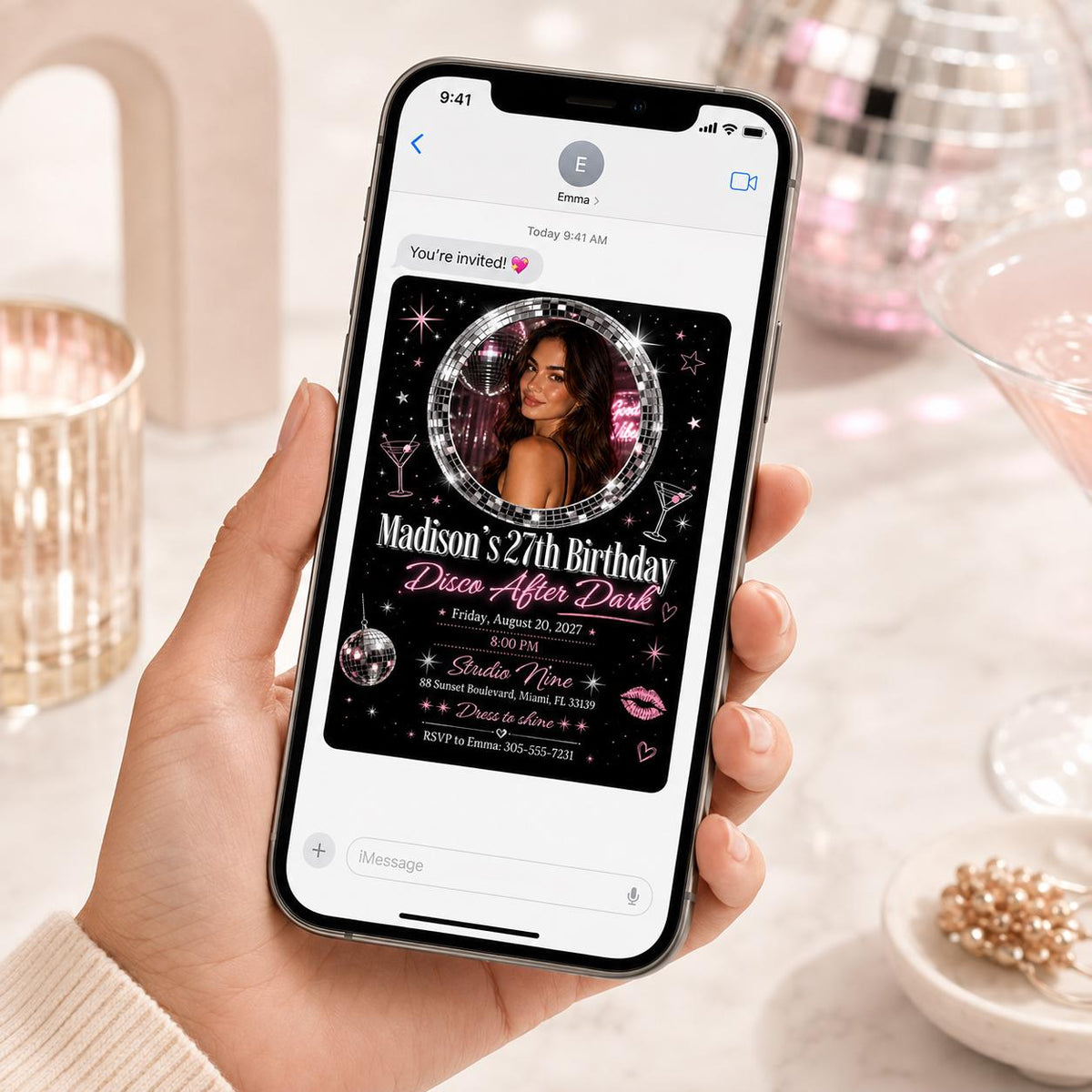 27th Birthday Invitation, Disco Birthday Photo Invite, Pink Black Neon Party Editable Printable Canva Template