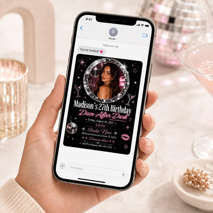 27th Birthday Invitation, Disco Birthday Photo Invite, Pink Black Neon Party Editable Printable Canva Template